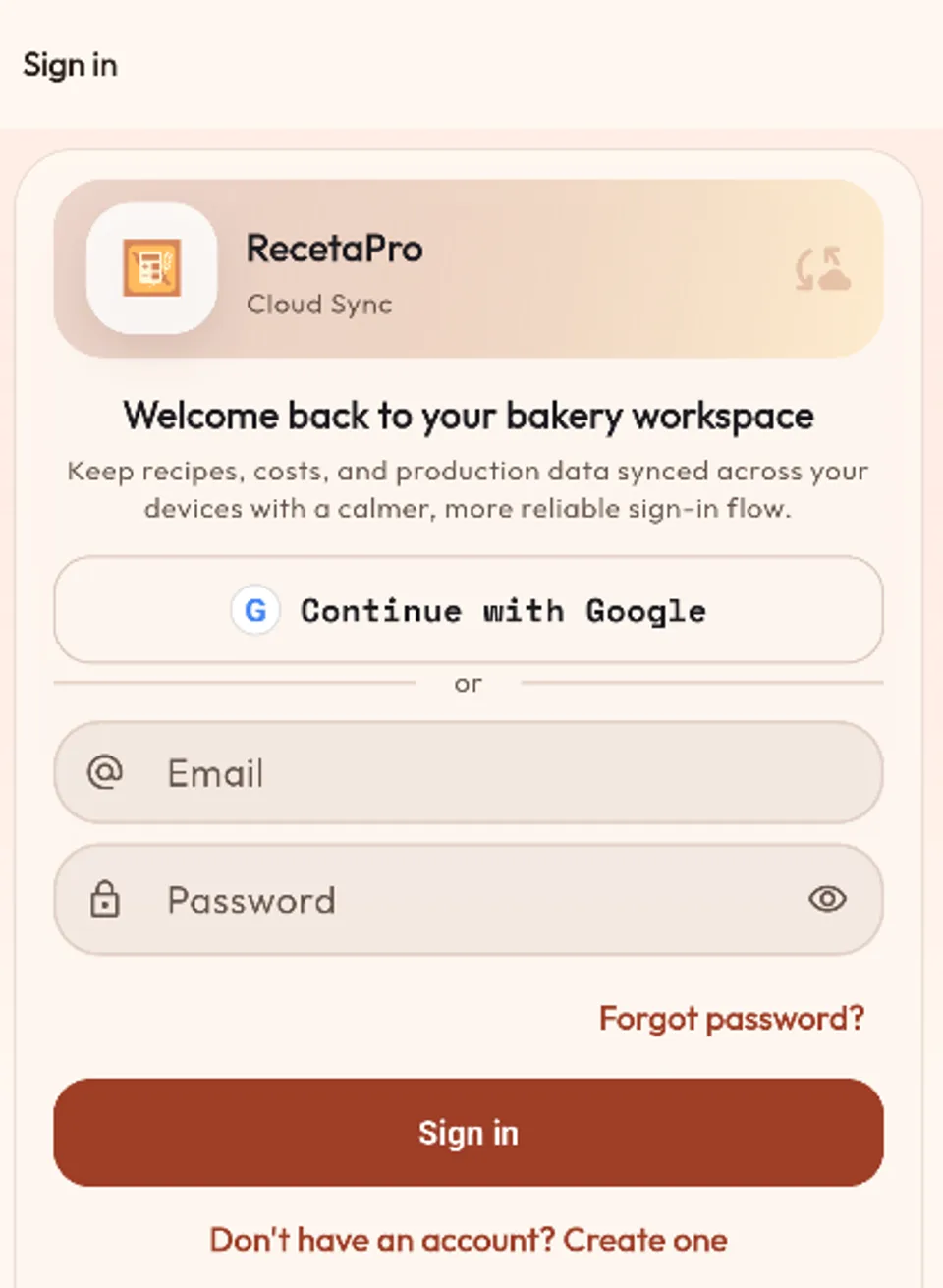 Pantalla de Costos y precios de recetas