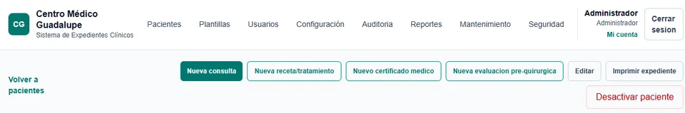 Pantalla de Expedientes y documentos clínicos